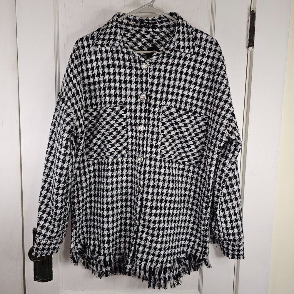 NWT Nasty Gal Size Small Shacket Shirt Jacket Fringe Houndstooth Gingham Top